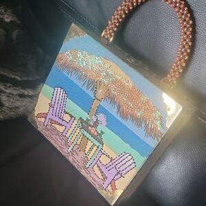 Bracciano Cigar Box Handbag with Beaded Handle. Beach Scene.